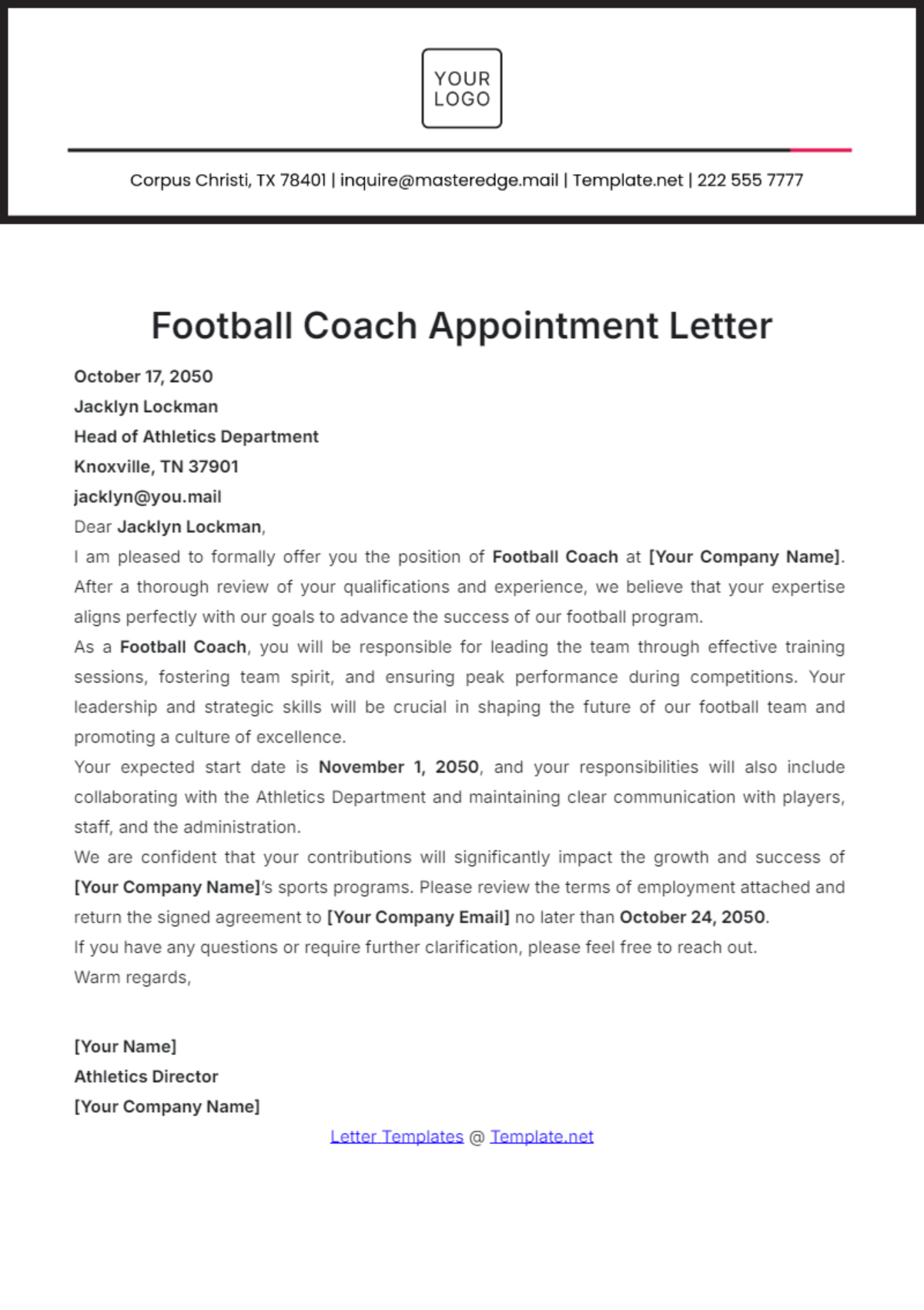 Football Coach Appointment Letter Template - Edit Online & Download