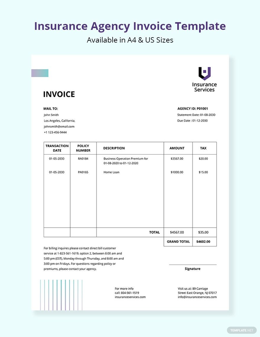 Insurance Agency Invoice Template in Word, Google Docs, Excel, PDF, Google Sheets, Illustrator, PSD, Apple Pages, InDesign, Apple Numbers