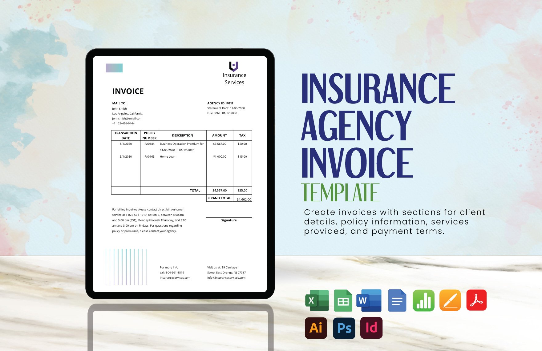 Insurance Agency Invoice Template in Word, Google Docs, Excel, PDF, Google Sheets, Illustrator, PSD, Apple Pages, InDesign, Apple Numbers