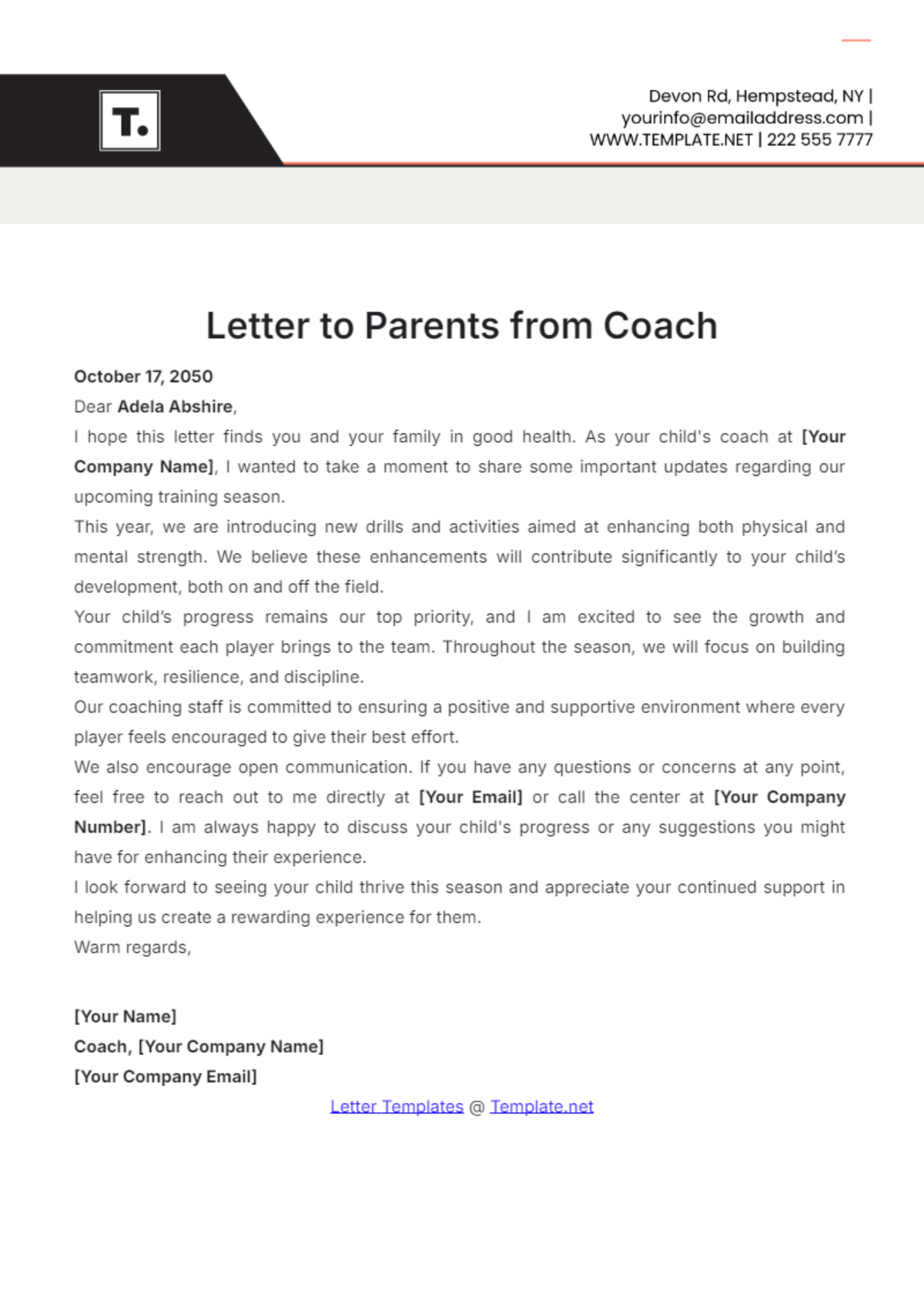 Letter to Parents from Coach Template - Edit Online & Download