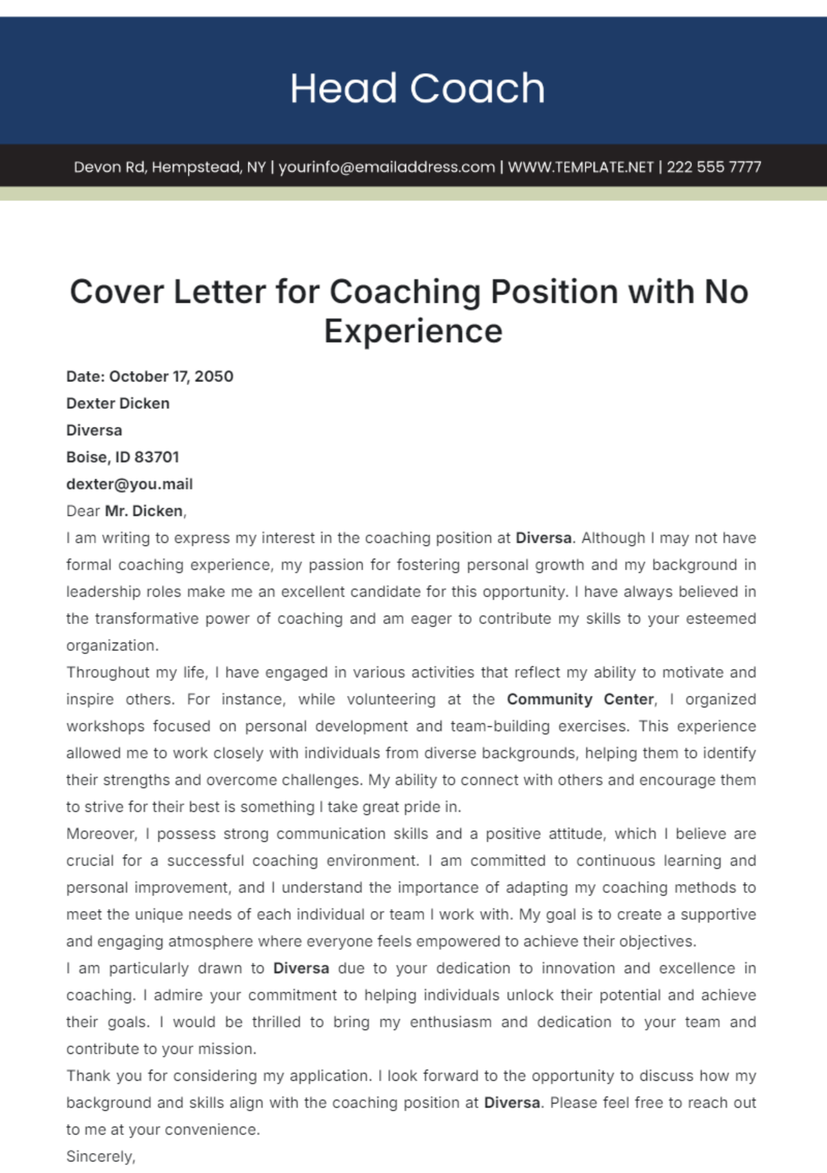 Cover Letter for Coaching Position with No Experience Template - Edit Online & Download