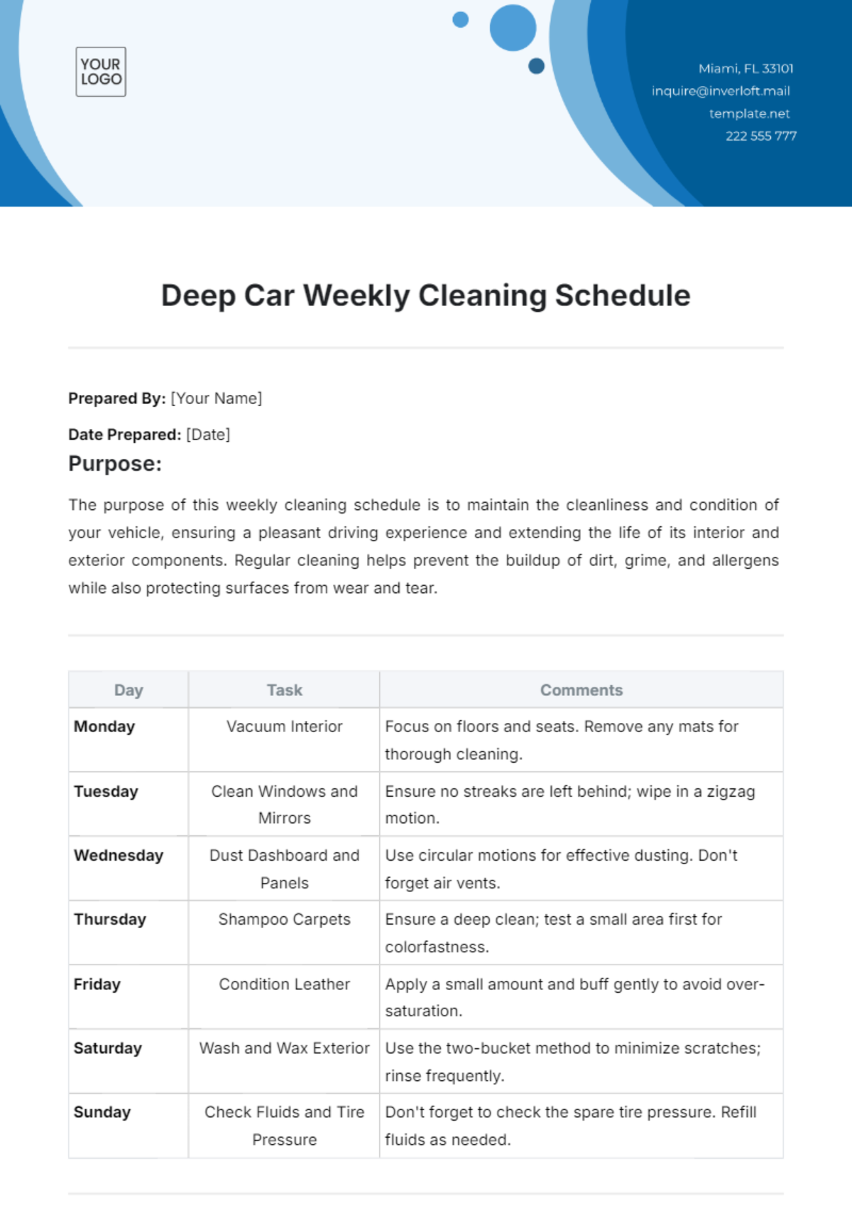 Deep Car Weekly Cleaning Schedule Template