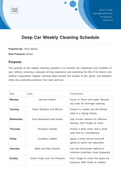 Free Deep Car Weekly Cleaning Schedule Template to Edit Online