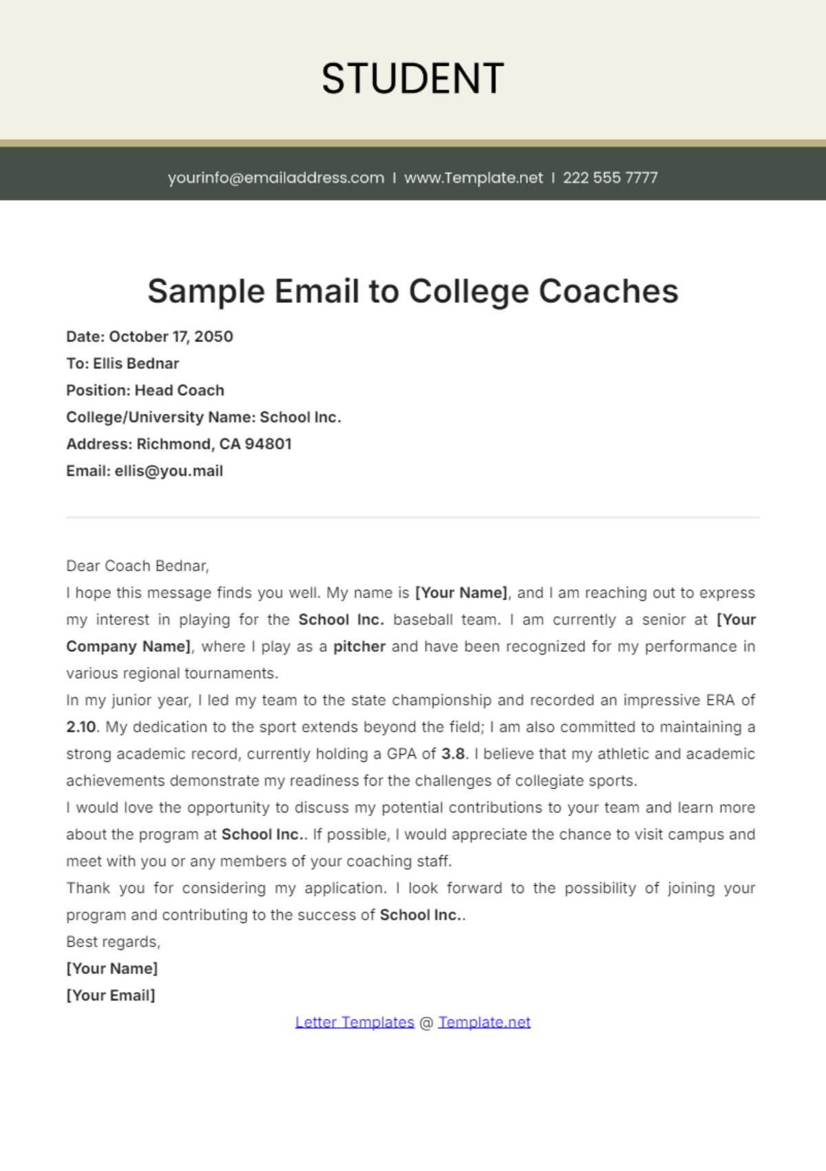 Sample Email to College Coaches Template - Edit Online & Download