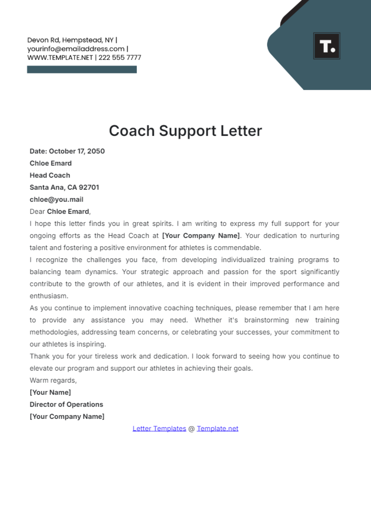 Coach Support Letter Template - Edit Online & Download