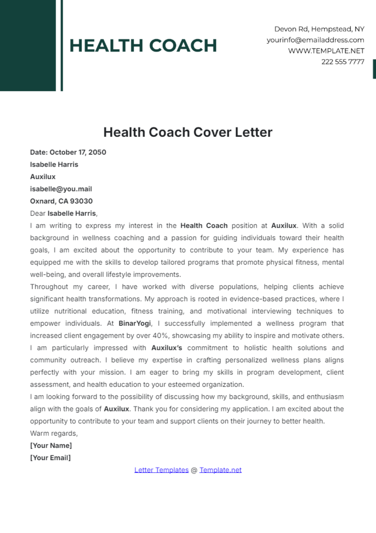 Health Coach Cover Letter Template - Edit Online & Download