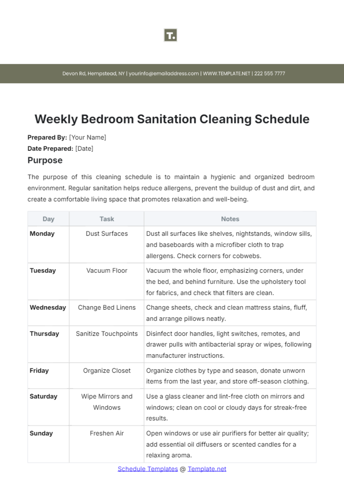 Weekly Bedroom Sanitation Cleaning Schedule Template