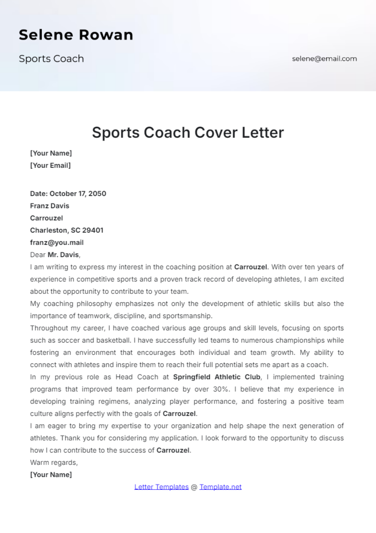 Sports Coach Cover Letter Template - Edit Online & Download