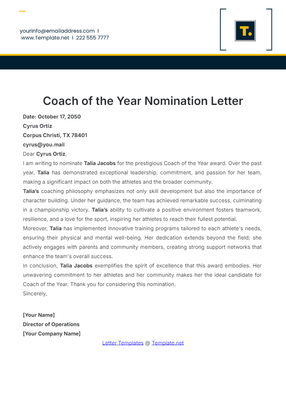 Coach of the Year Nomination Letter Template - Edit Online & Download