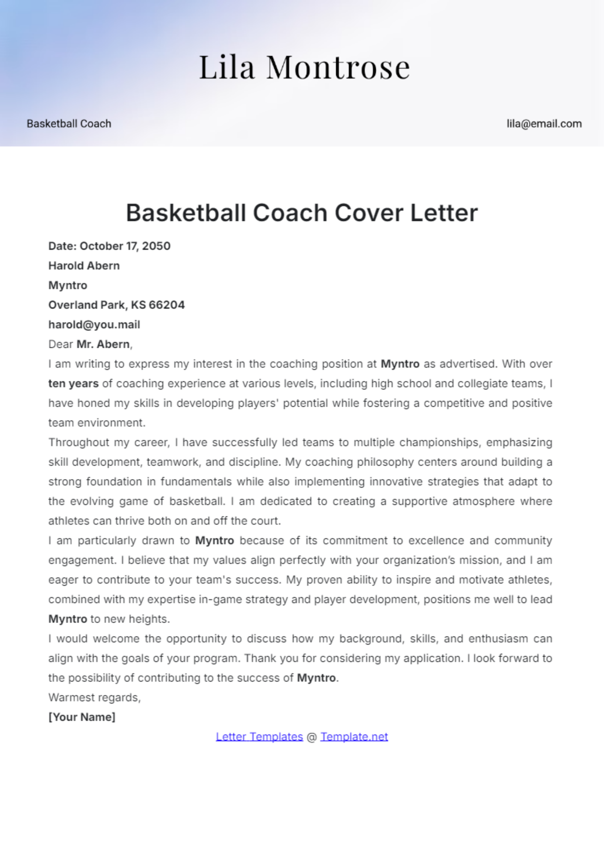 Basketball Coach Cover Letter Template - Edit Online & Download