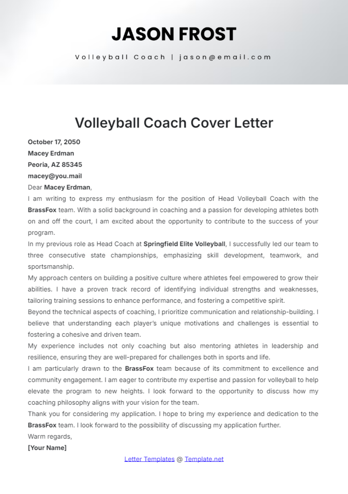 Volleyball Coach Cover Letter Template - Edit Online & Download