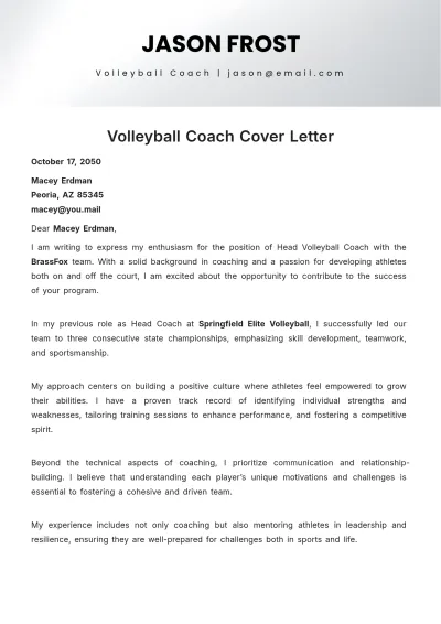 Free Volleyball Coach Cover Letter Template to Edit Online