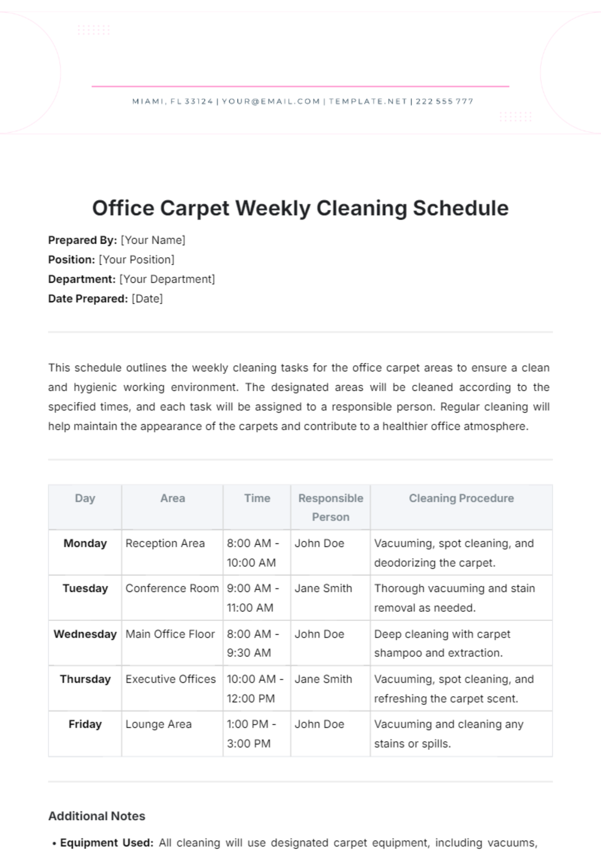 Office Carpet Weekly Cleaning Schedule Template