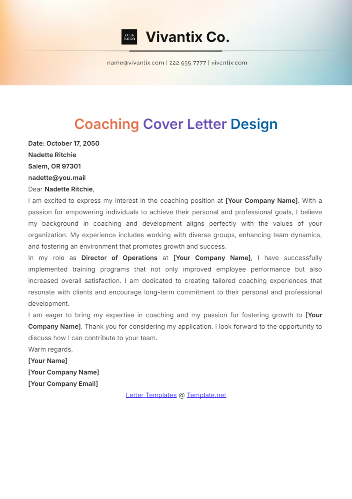 Coaching Cover Letter Design Template - Edit Online & Download