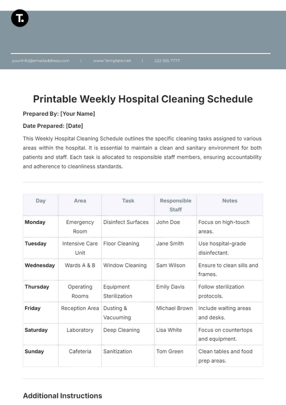 Printable Weekly Hospital Cleaning Schedule Template