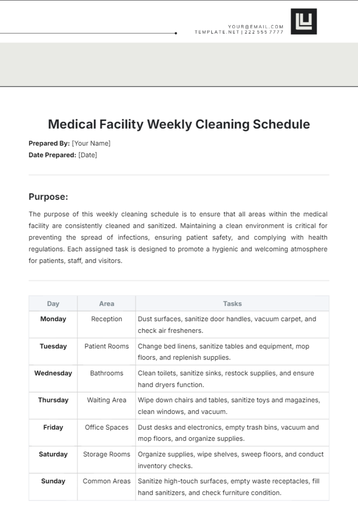 Medical Facility Weekly Cleaning Schedule Template