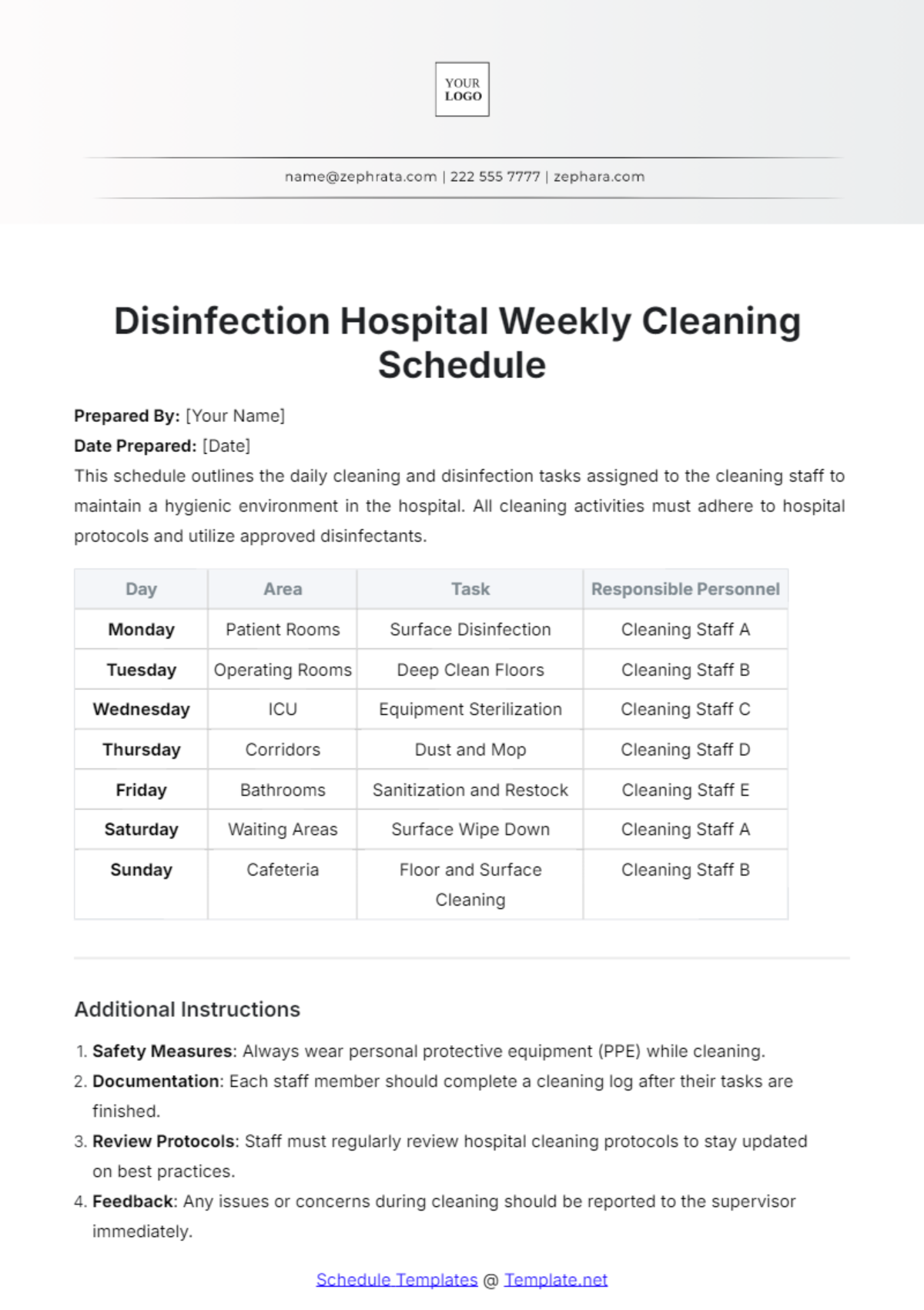 Disinfection Hospital Weekly Cleaning Schedule Template