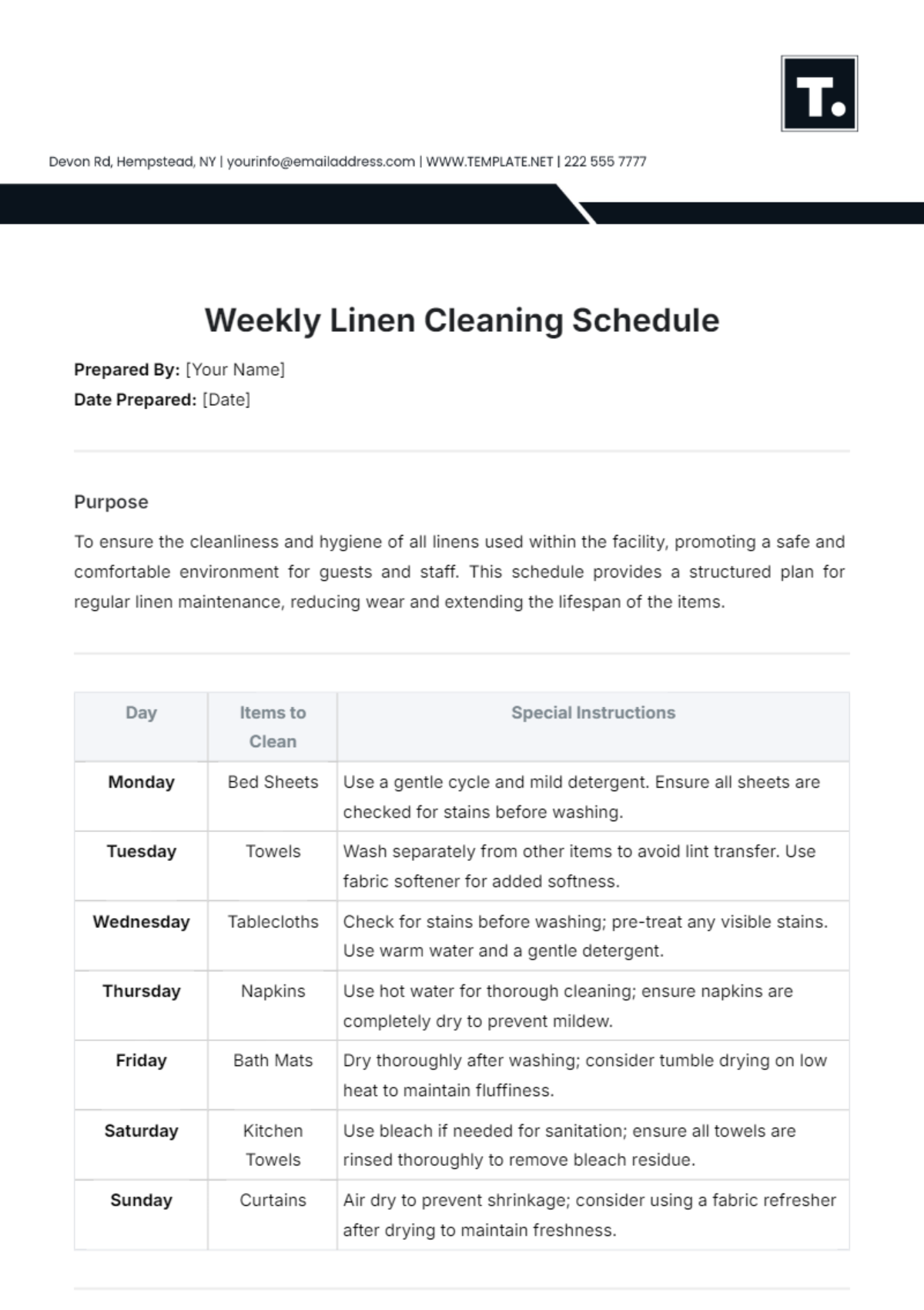 Weekly Linen Cleaning Schedule Template - Edit Online & Download