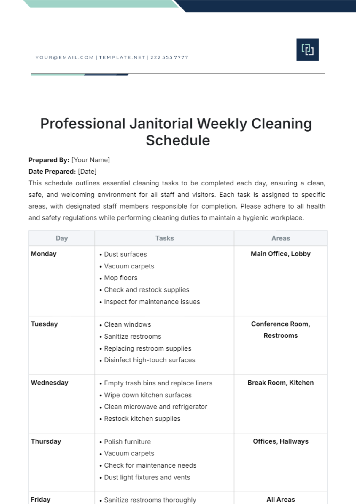 Professional Janitorial Weekly Cleaning Schedule Template - Edit Online & Download