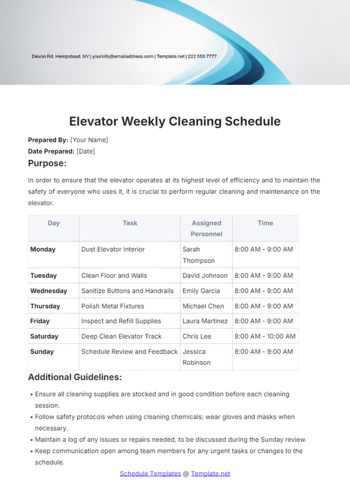 Elevator Weekly Cleaning Schedule Template - Edit Online & Download