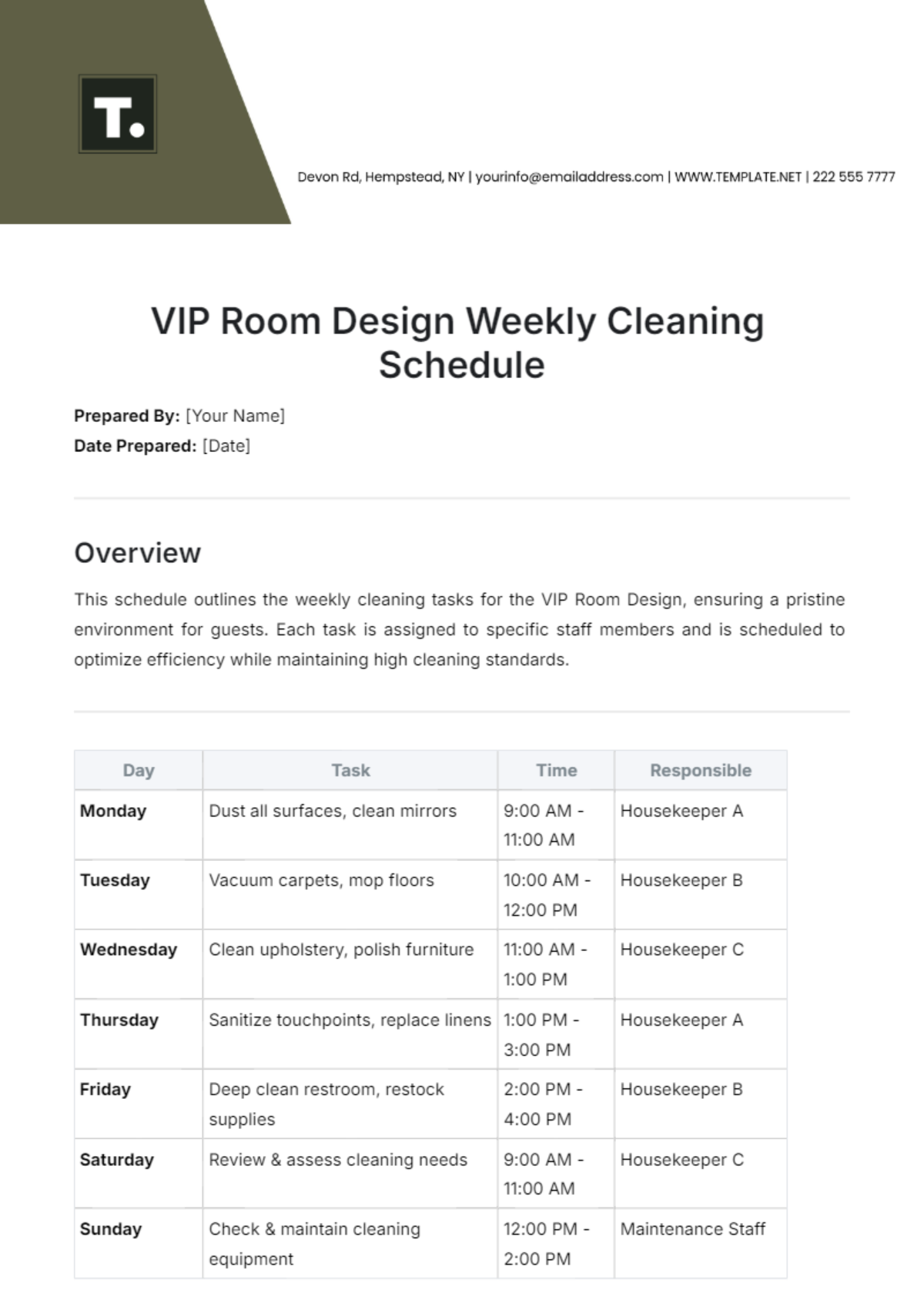 VIP Room Design  Weekly Cleaning Schedule Template - Edit Online & Download