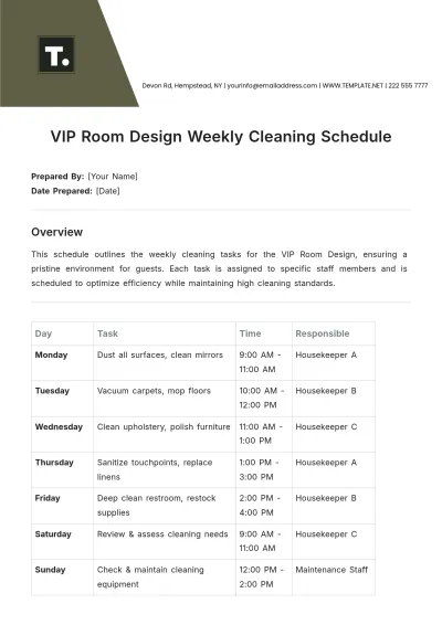 Free VIP Room Design  Weekly Cleaning Schedule Template to Edit Online