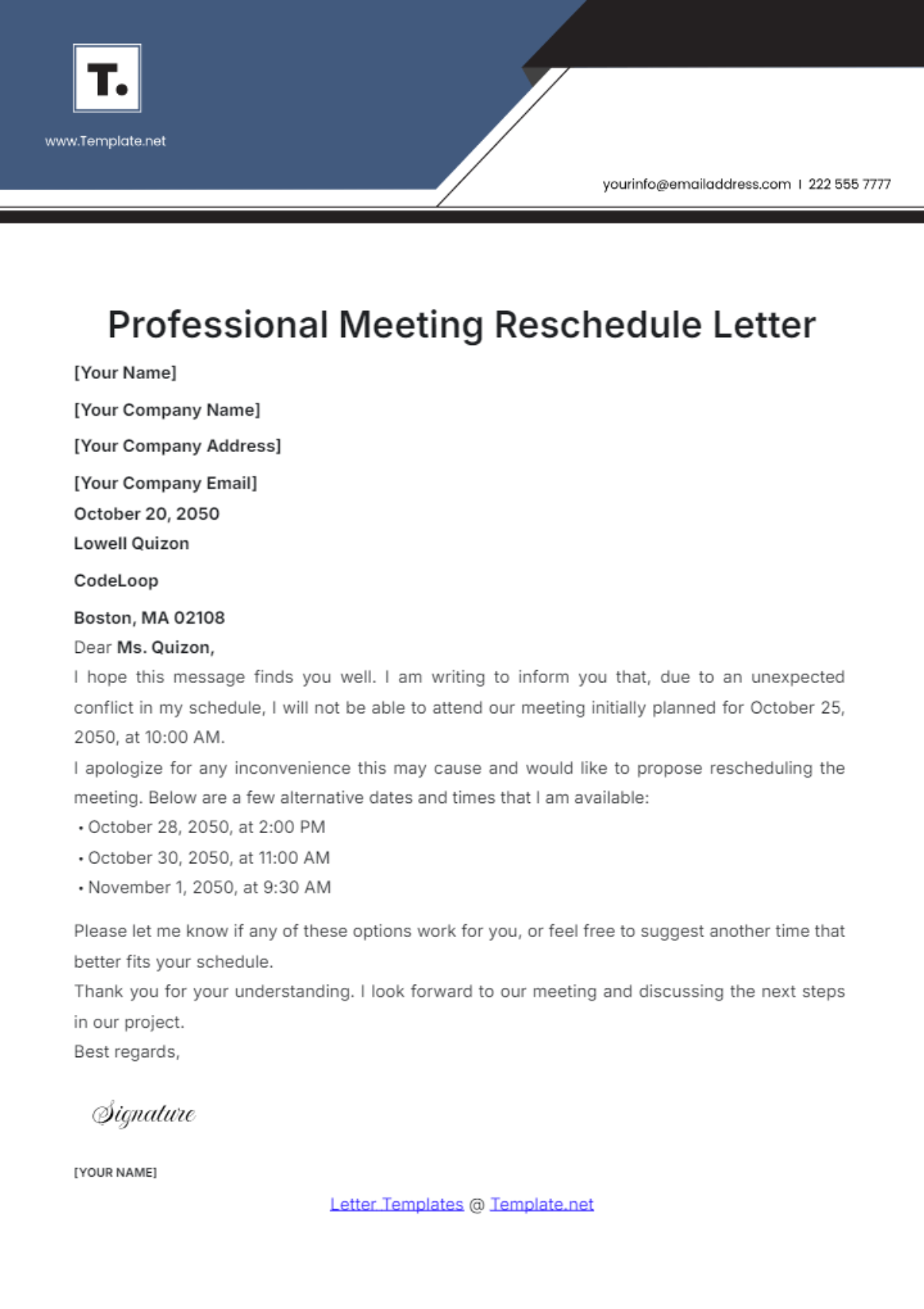 Professional Meeting Reschedule Letter Template - Edit Online & Download