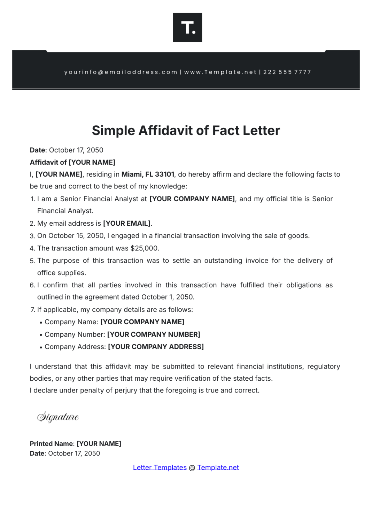 Simple Affidavit of Fact Letter Template - Edit Online & Download