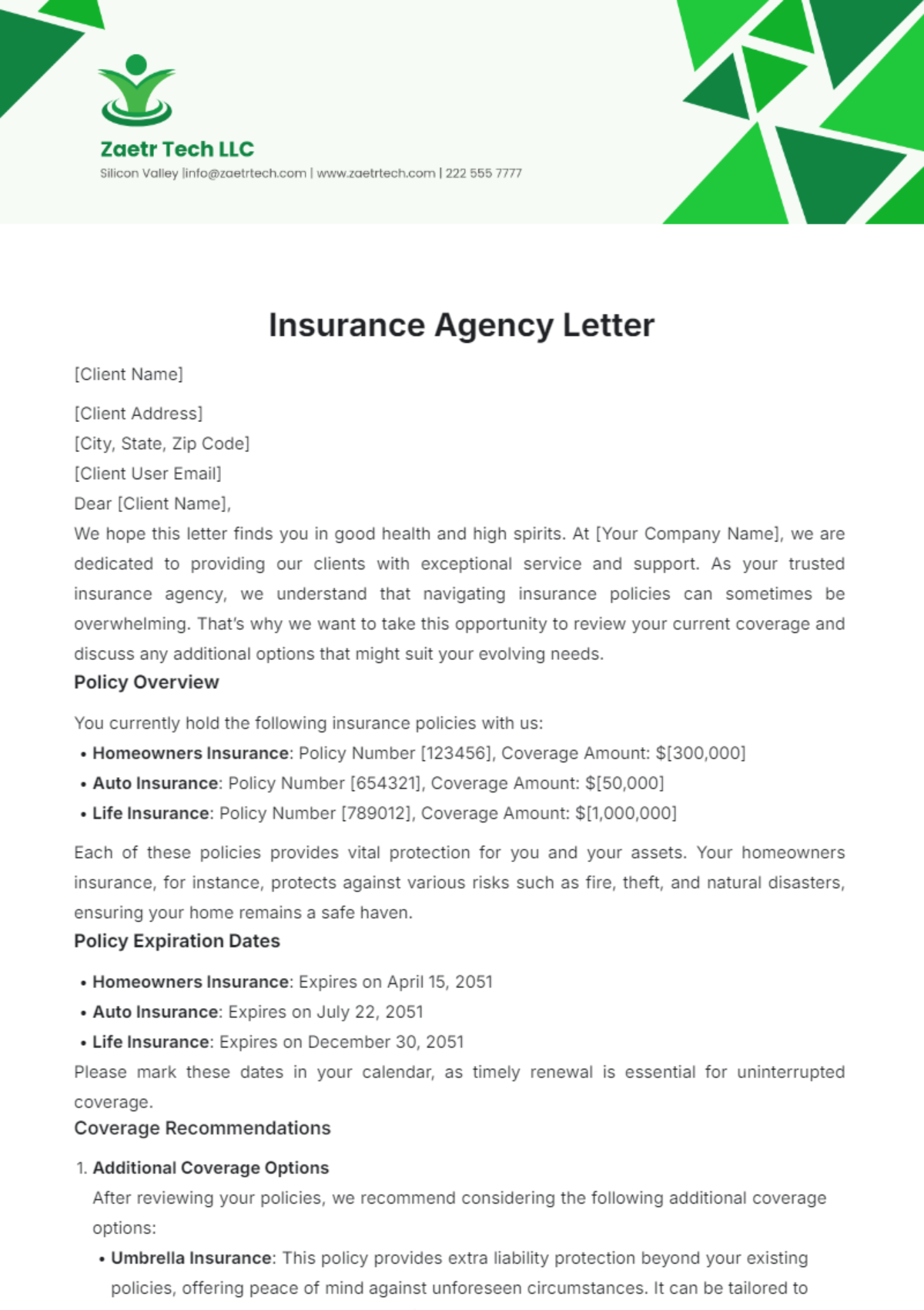 Insurance Agency Letter Template