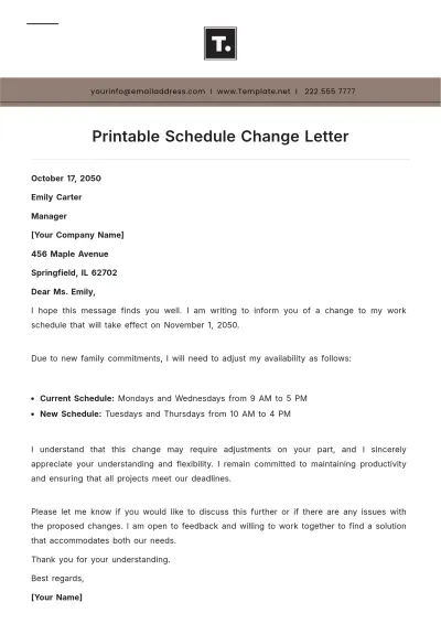 Free Printable Schedule Change Letter Template to Edit Online