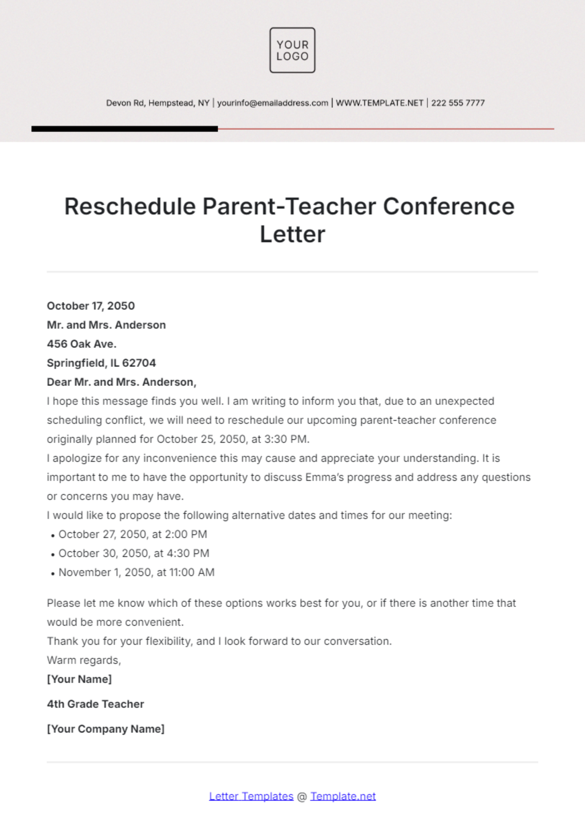 Reschedule Parent-Teacher Conference Letter Template - Edit Online & Download