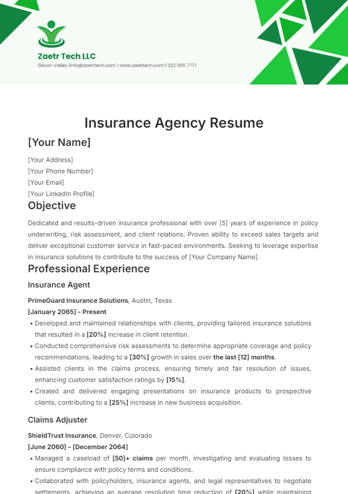 Insurance Agency Resume Template