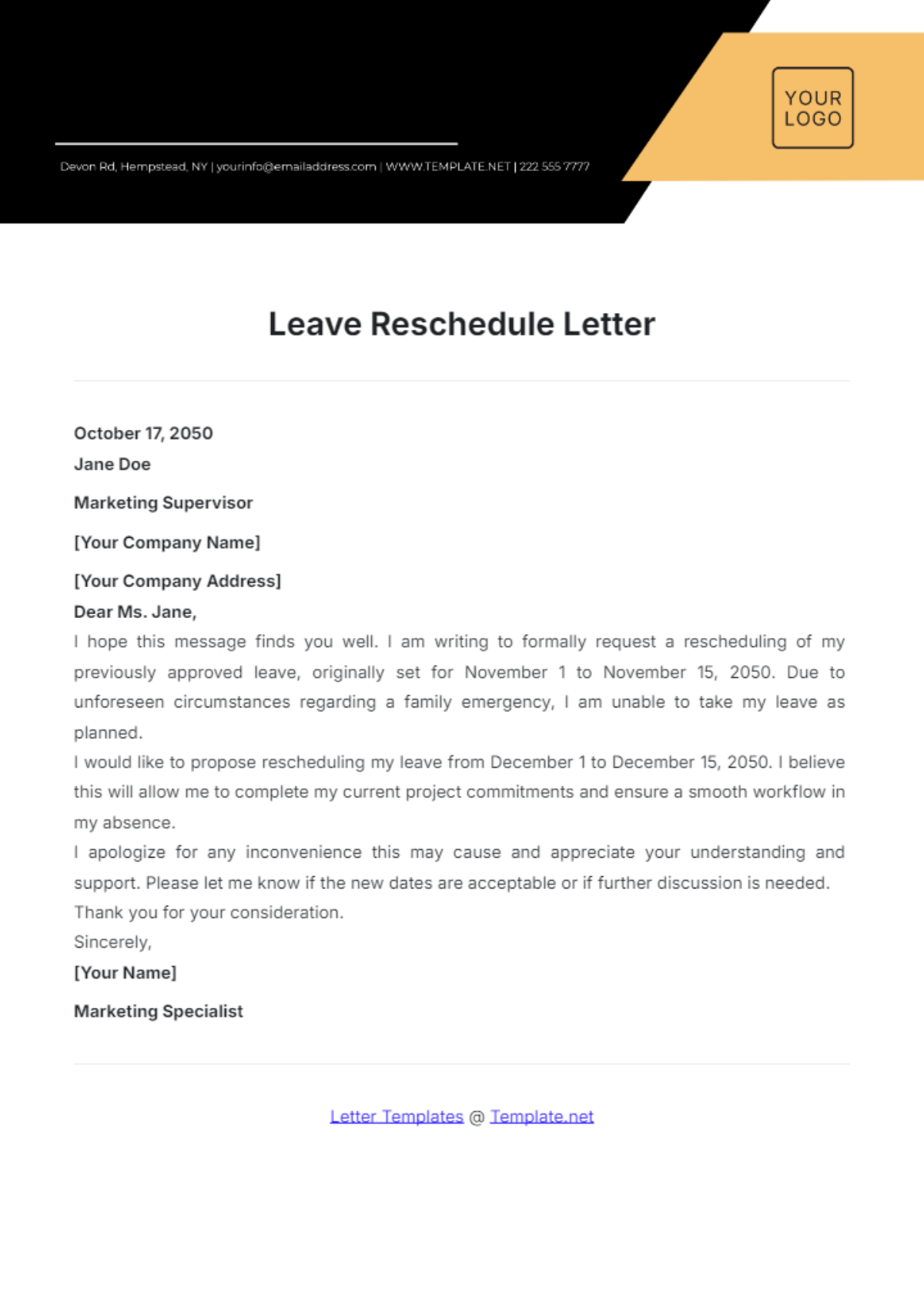 Leave Reschedule Letter Template - Edit Online & Download