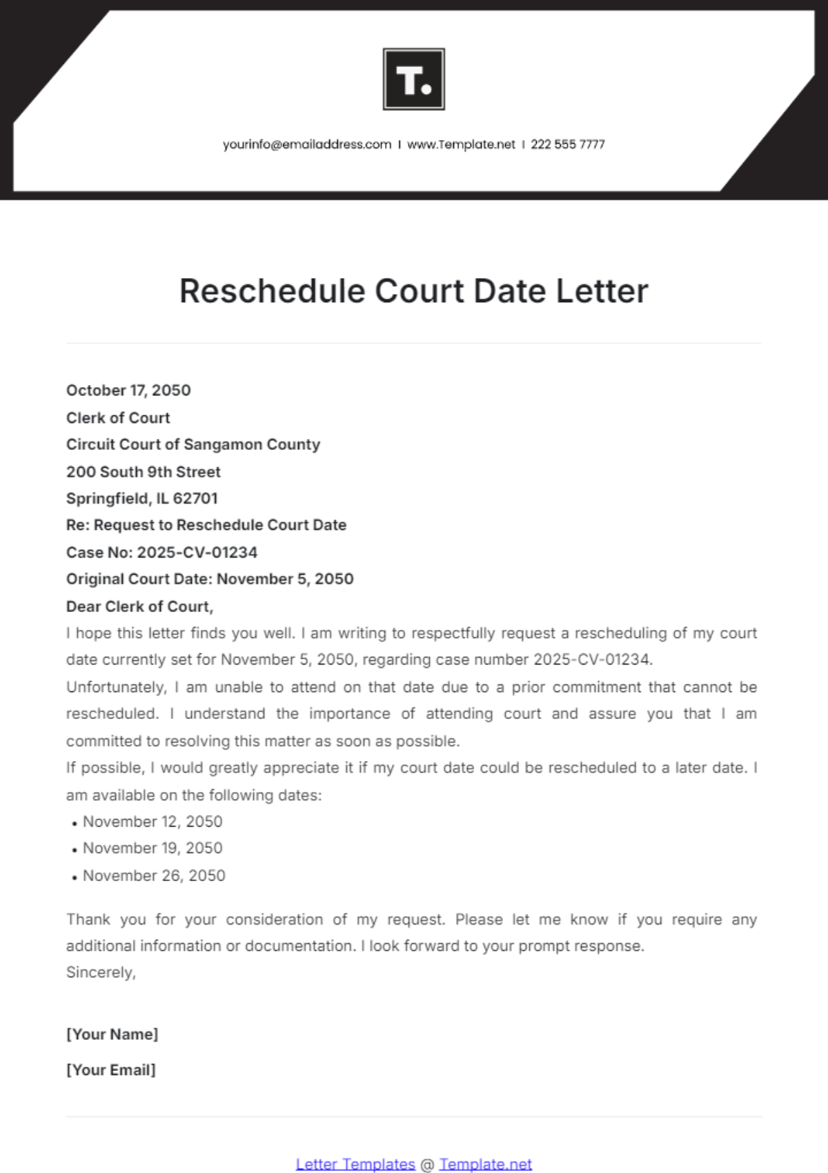 Reschedule Court Date Letter Template - Edit Online & Download