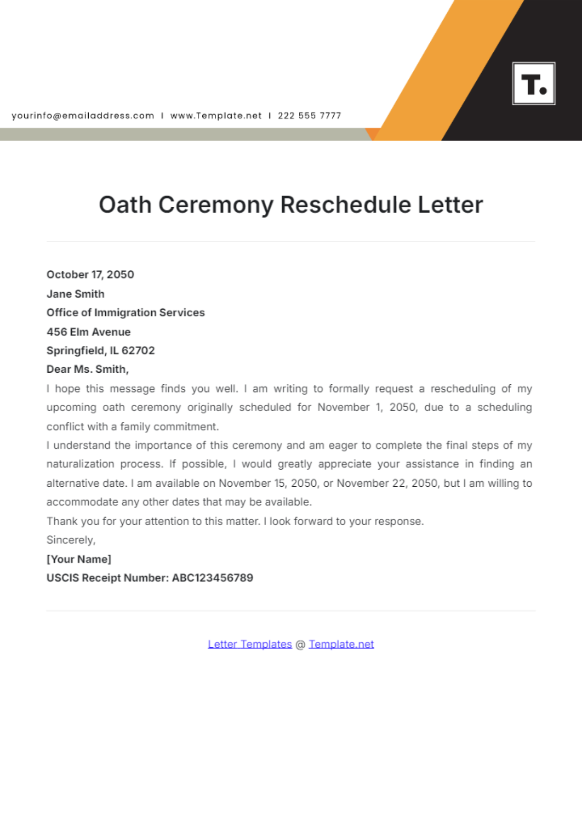 Oath Ceremony Reschedule Letter Template - Edit Online & Download