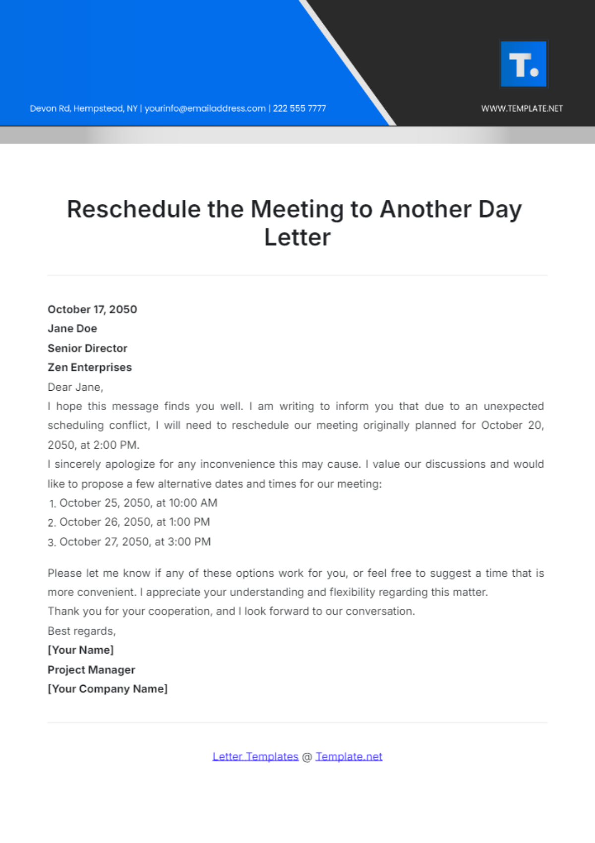 Reschedule the Meeting to Another Day Letter Template - Edit Online & Download