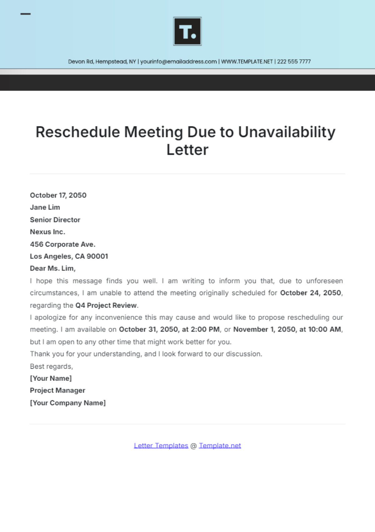 Reschedule Meeting Due to Unavailability Letter Template - Edit Online & Download