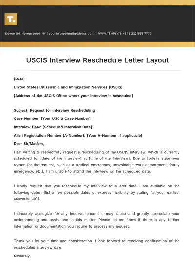 Free USCIS Interview Reschedule Letter Layout Template to Edit Online
