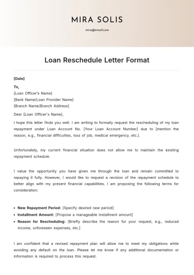 Free Loan Reschedule Letter Format Template to Edit Online