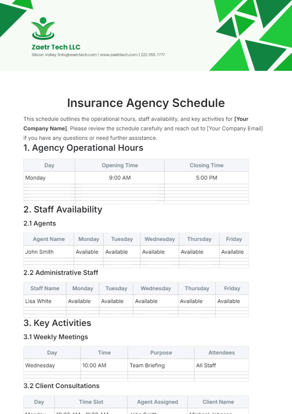 Insurance Agency Schedule Template