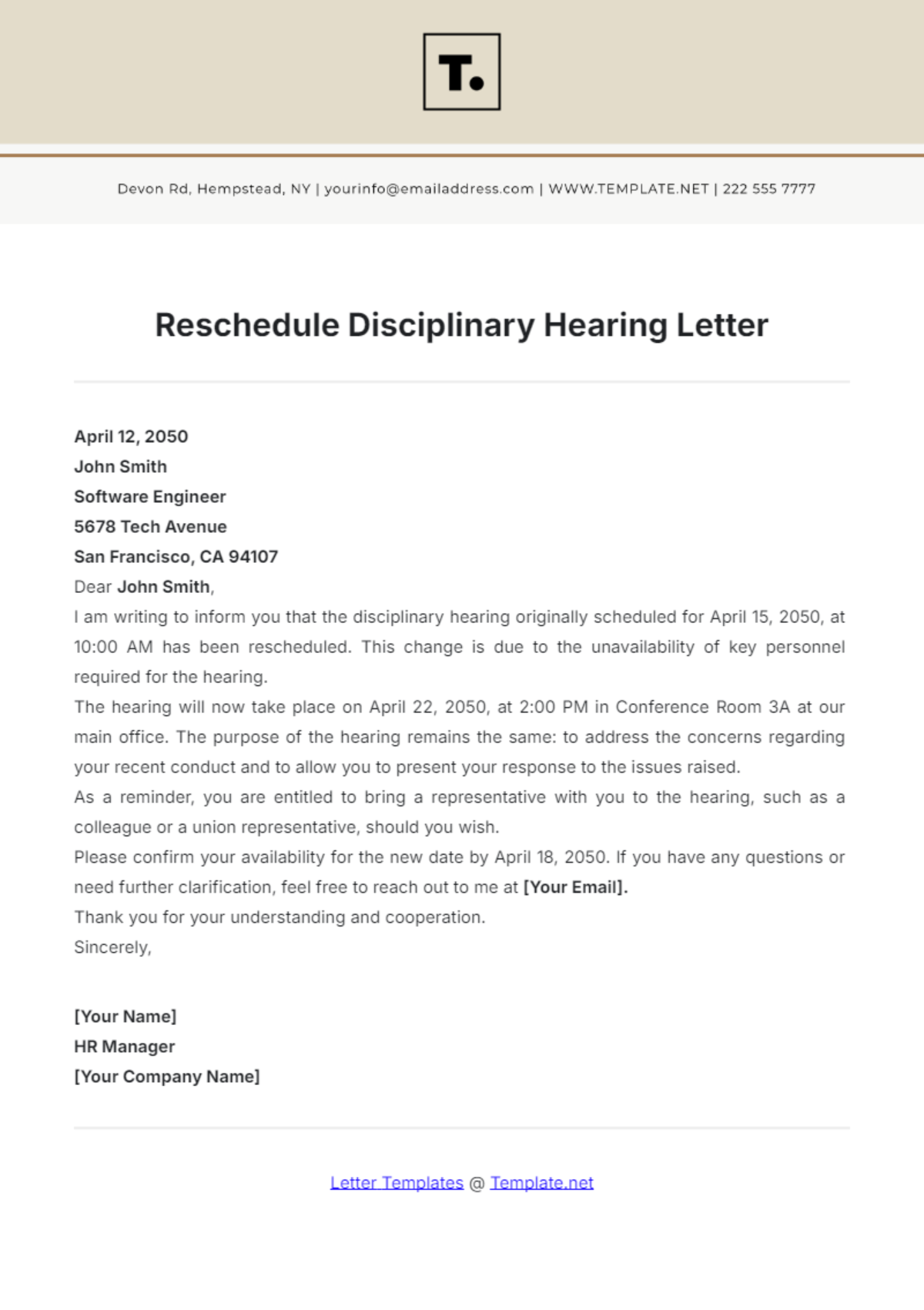 Reschedule Disciplinary Hearing Letter Template - Edit Online & Download