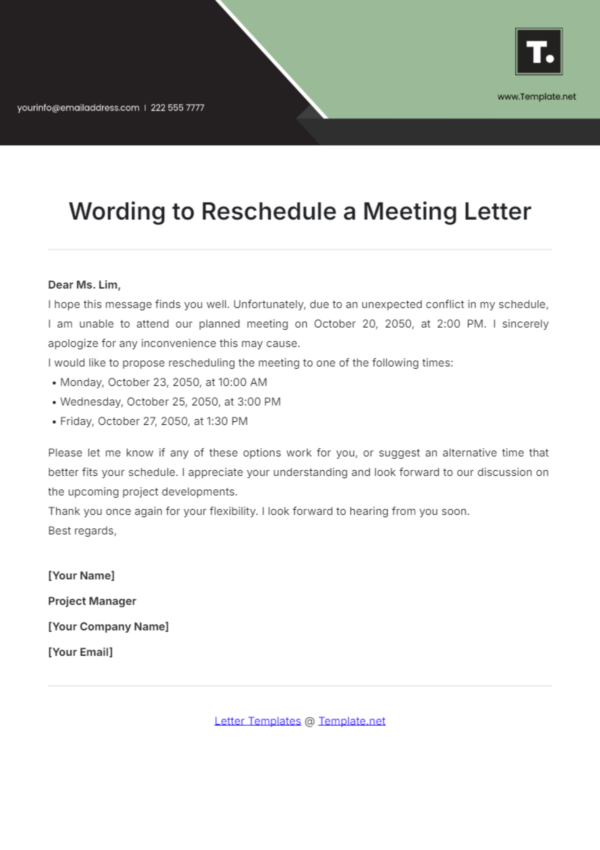 Wording to Reschedule a Meeting Letter Template - Edit Online & Download