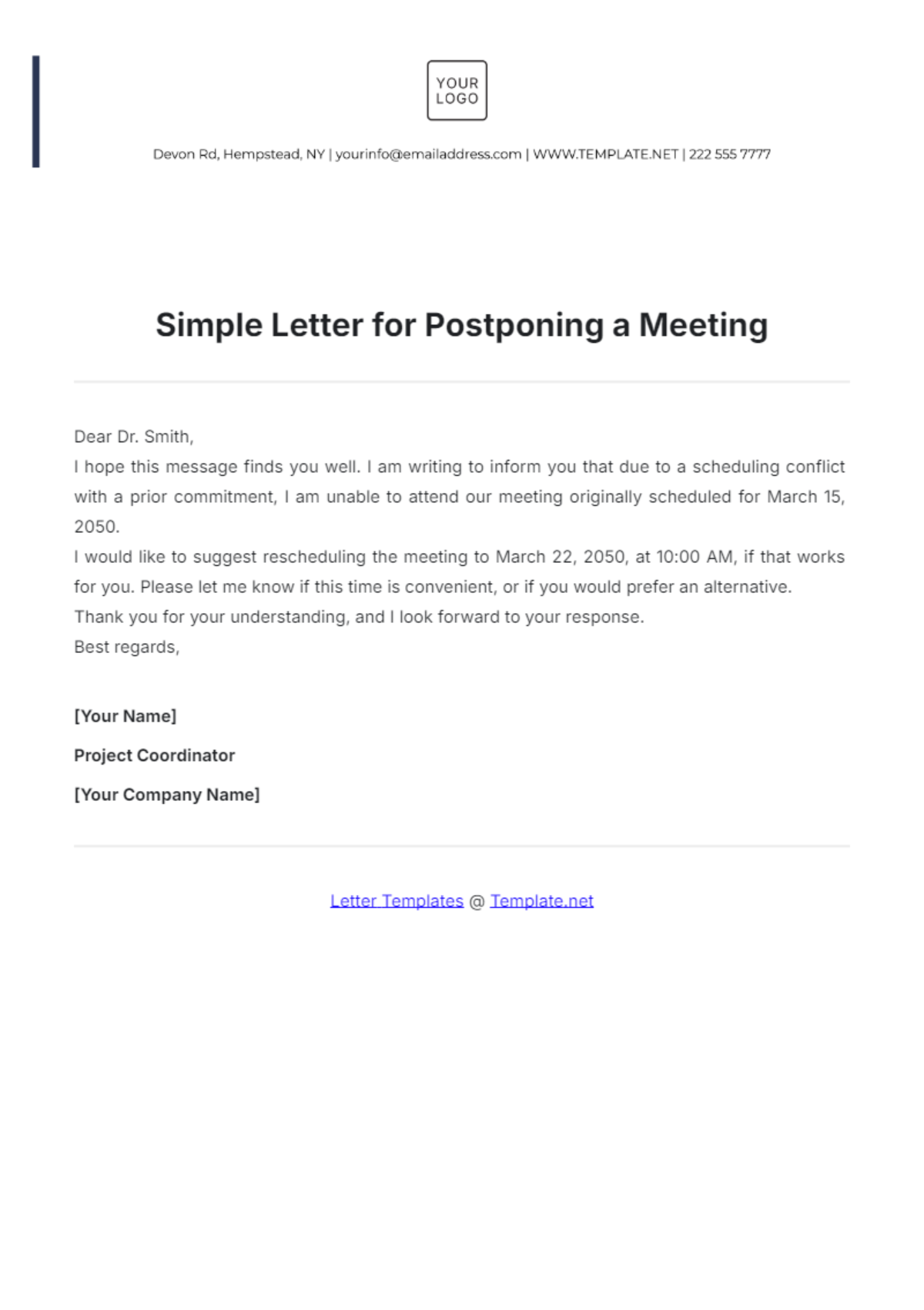 Simple Letter for Postponing a Meeting Template - Edit Online & Download