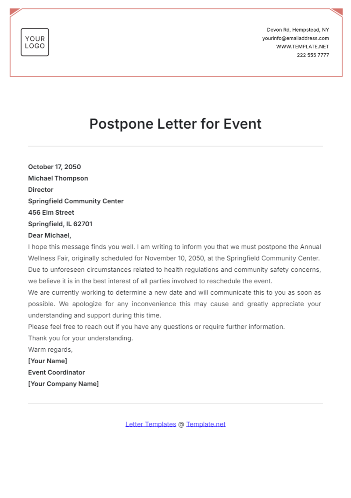 Postpone Letter for Event Template - Edit Online & Download