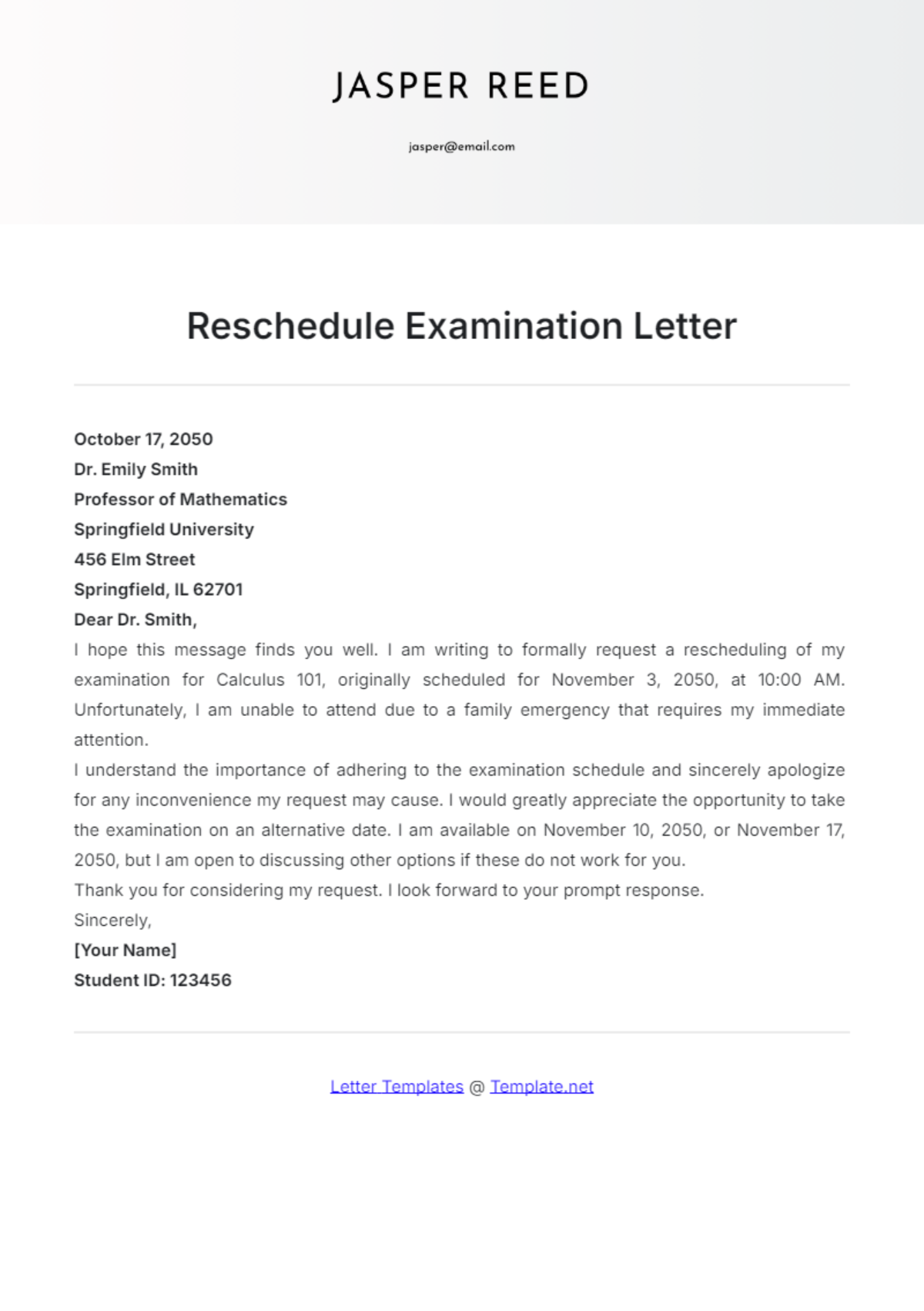 Reschedule Examination Letter Template - Edit Online & Download