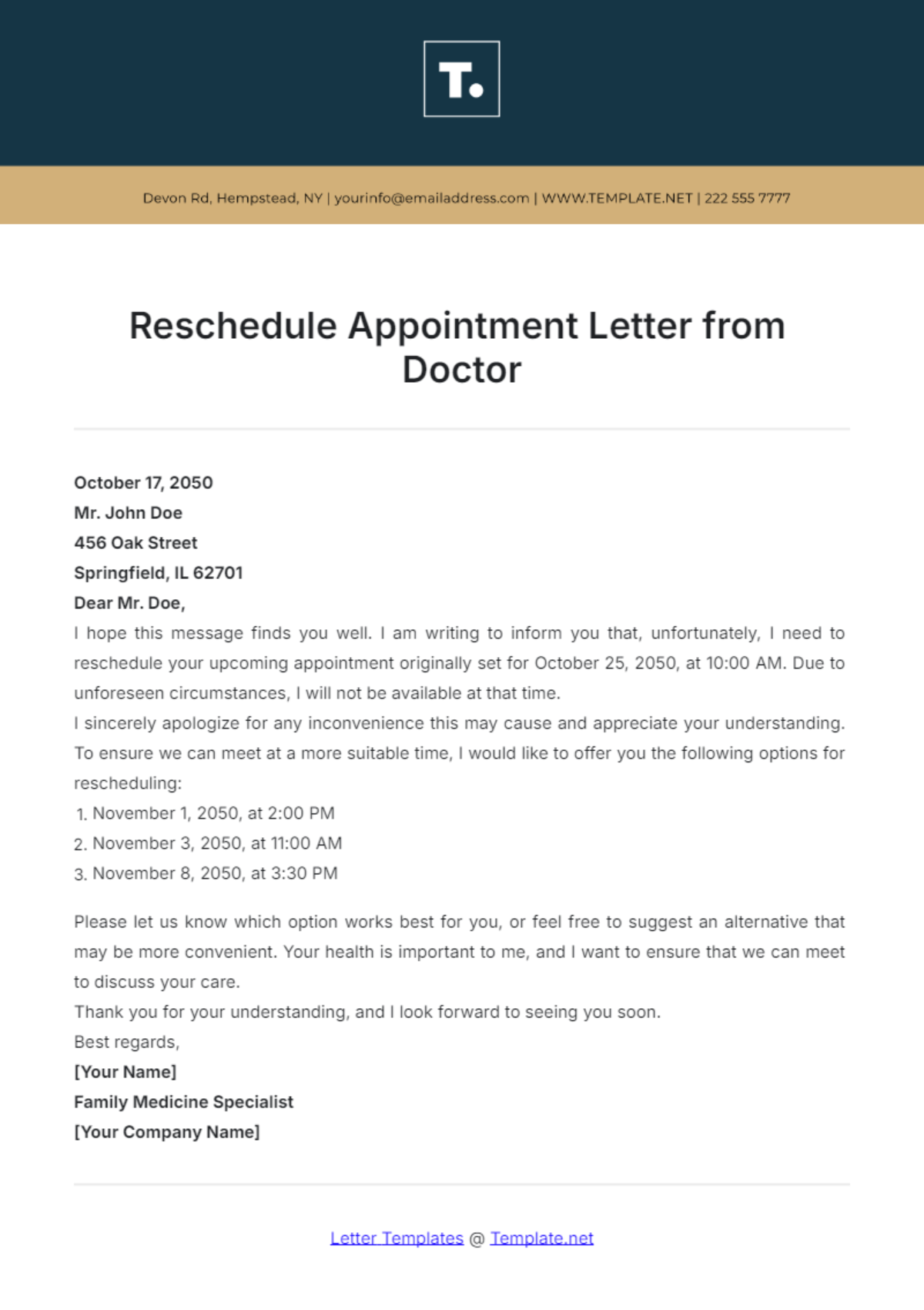 Reschedule Appointment Letter from Doctor Template - Edit Online & Download