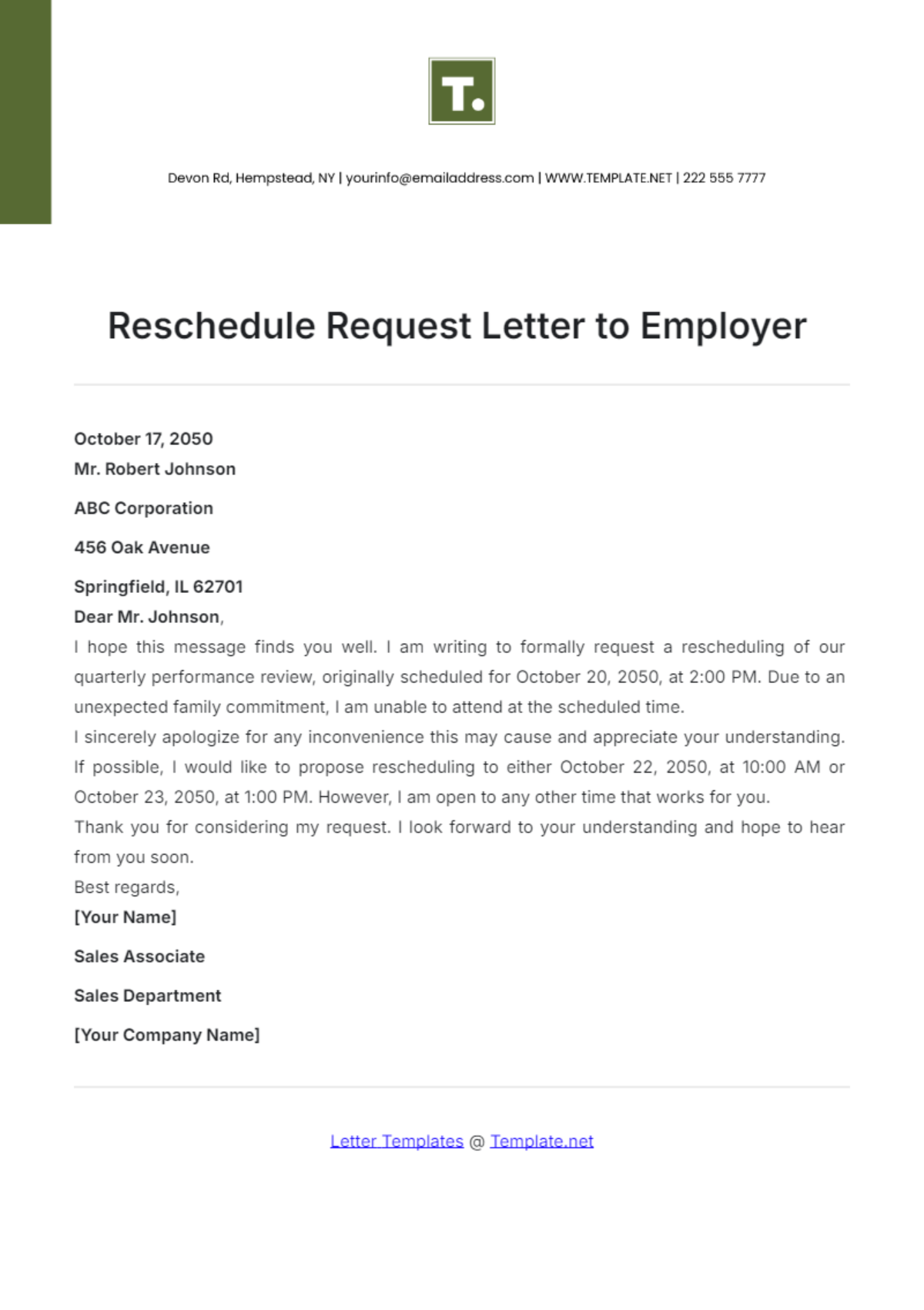 Reschedule Request Letter to Employer Template - Edit Online & Download