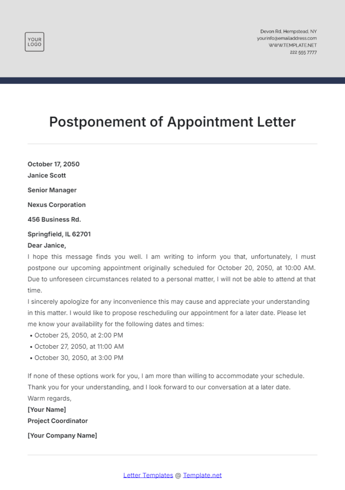 Free Postponement of Appointment Letter Template - Edit Online ...