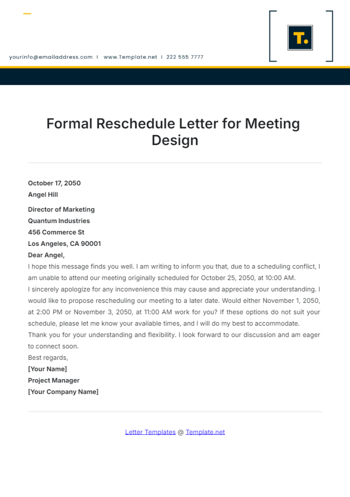 Formal Reschedule Letter for Meeting Design Template - Edit Online & Download