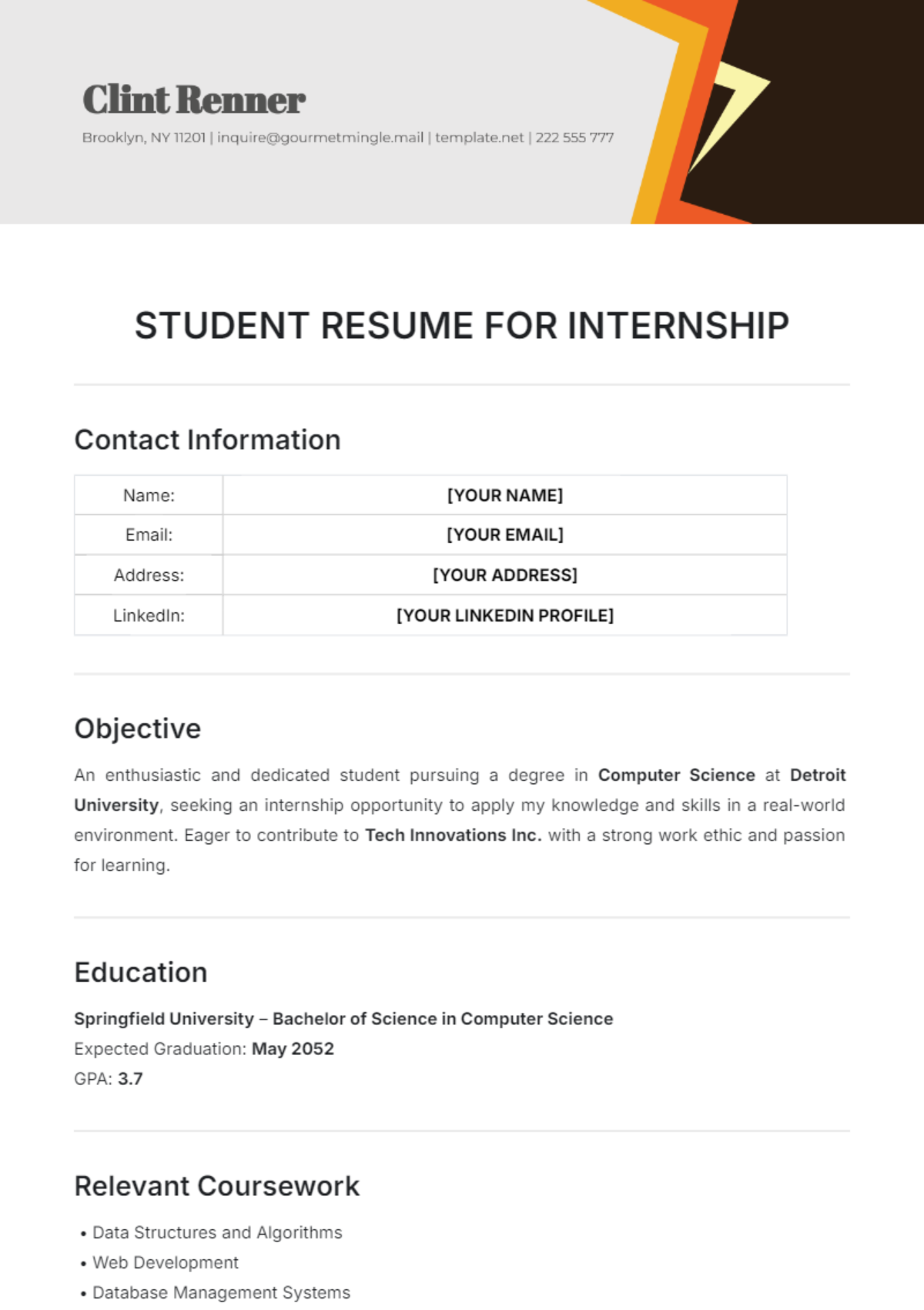 Student Resume for Internship Template - Edit Online & Download